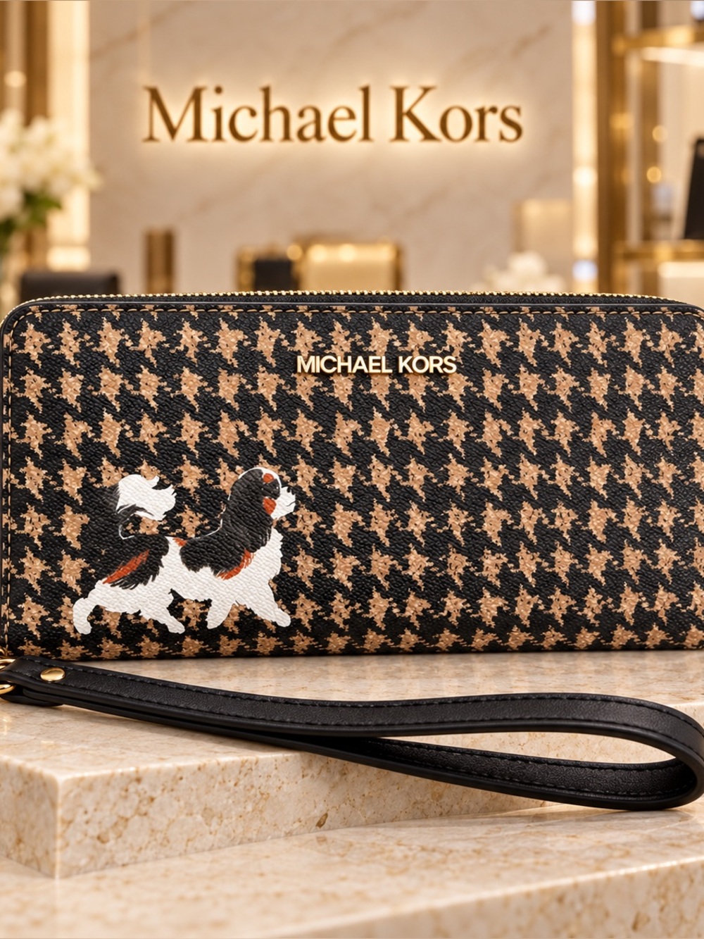 🌸Michael Kors $228 Black & Brown Houndstooth Wristlet with Dog Applique Classic